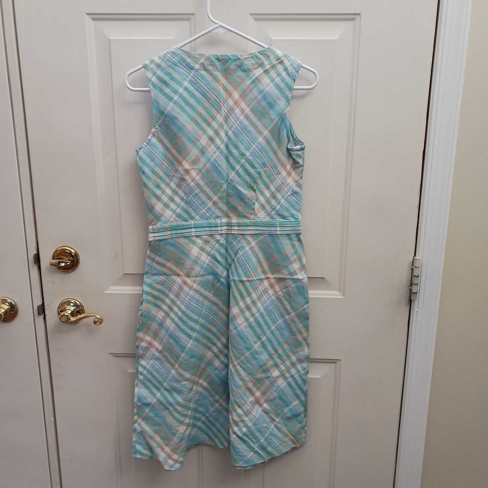 LL Bean Dress Size 6 Linen Cotton Blue Green Plaid V-Neck A-Line Spring Casual - Picture 6 of 7
